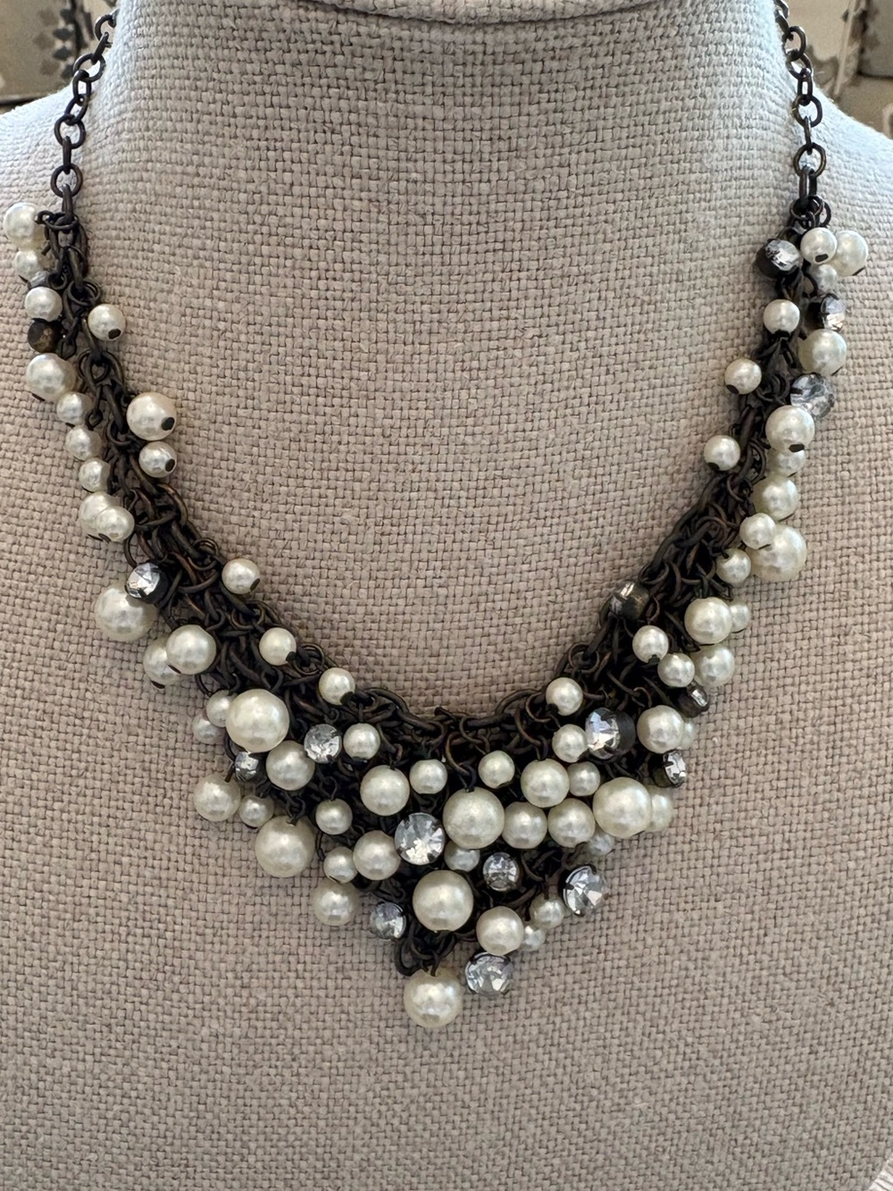 Pearl and Crystal Cluster Statement Necklace Cascading Design Bronze Chain
